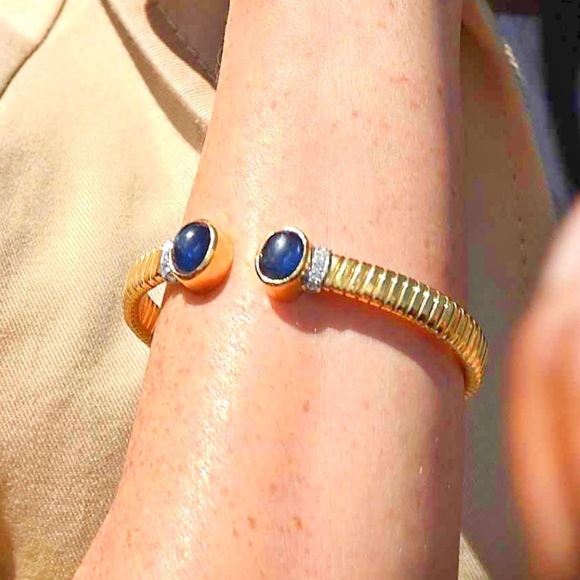 Princess Diana / Meghan Markle Inspired Blue Gemstone & CZ Goldtone Bracelet - Picture 10 of 16